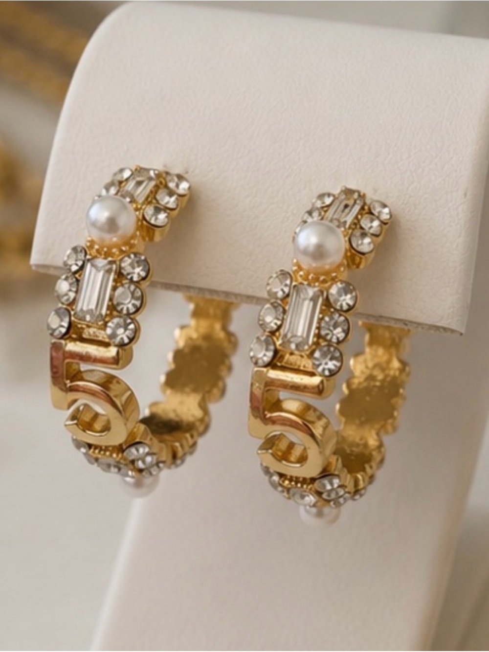 Designer Inspired Gold Pearl & Crystal 5 Hoop Earrings